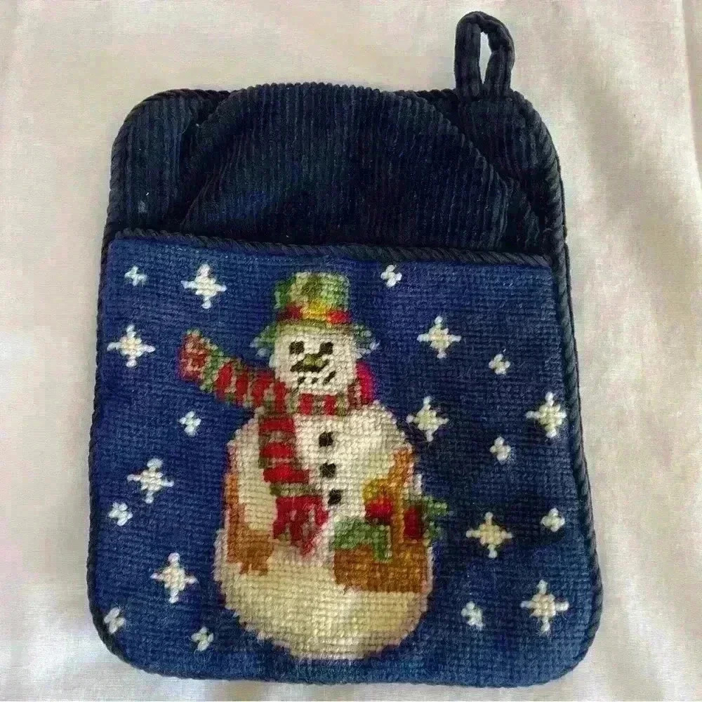 Vintage Needlepoint Blue Snowman Pot Holder  Wall Hang Corduroy 9”x7” Christmas